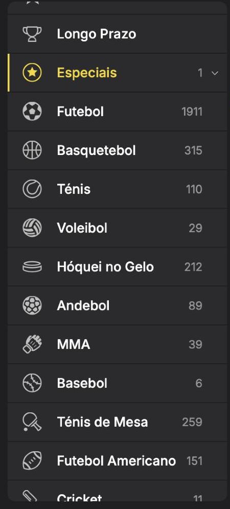 Lista de esportes da Brazino777 com o número de eventos: Futebol 1911, Basquetebol 315, Ténis de Mesa 259, Hóquei no Gelo 212, Futebol Americano 151, Ténis 110, Andebol 89, MMA 39, Voleibol 29